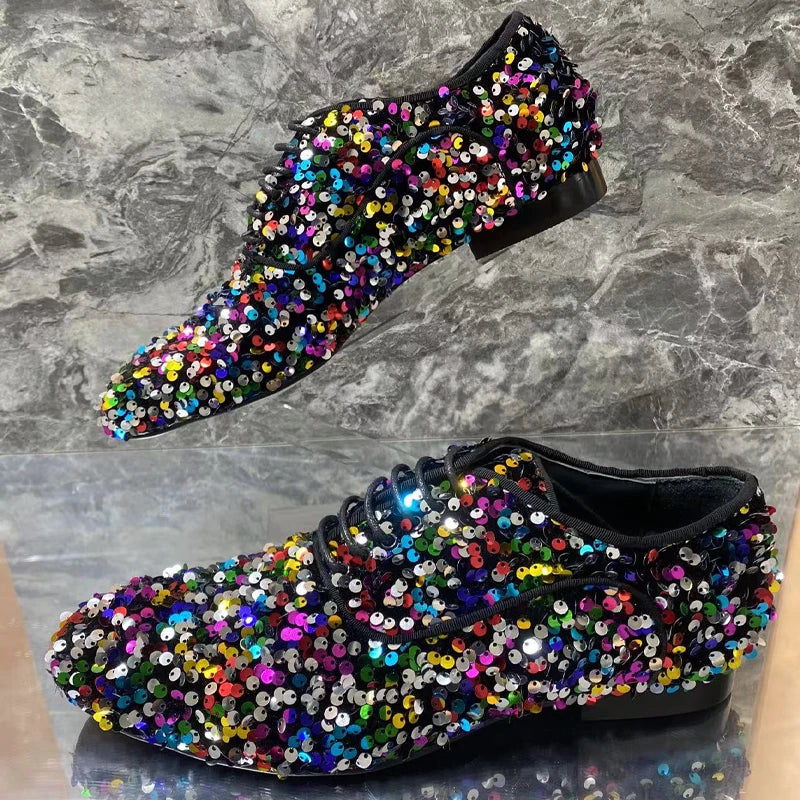 Luxury Mixed Color Bling Loafer Glitter Handmade Dress Shoes Men's Flats
