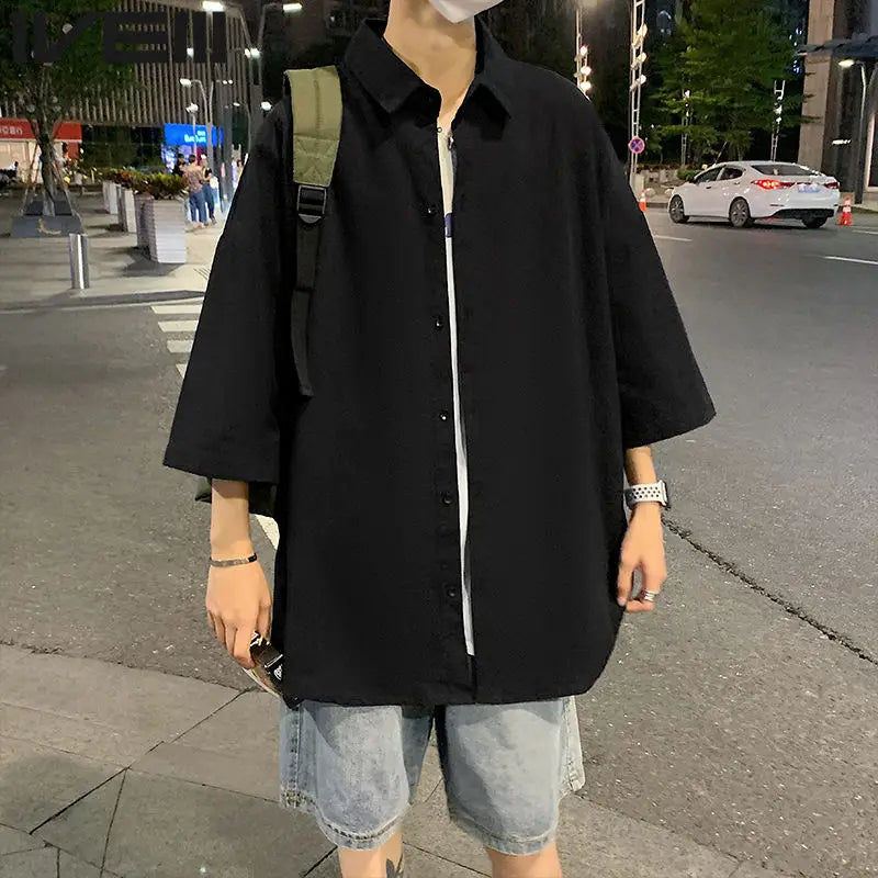 Japanese Men's Splicing Square Collar Button Letters Loose Casual Shirts