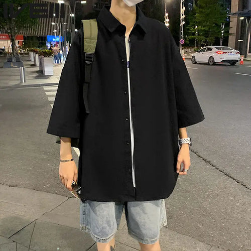 Japanese Men's Splicing Square Collar Button Letters Loose Casual Shirts