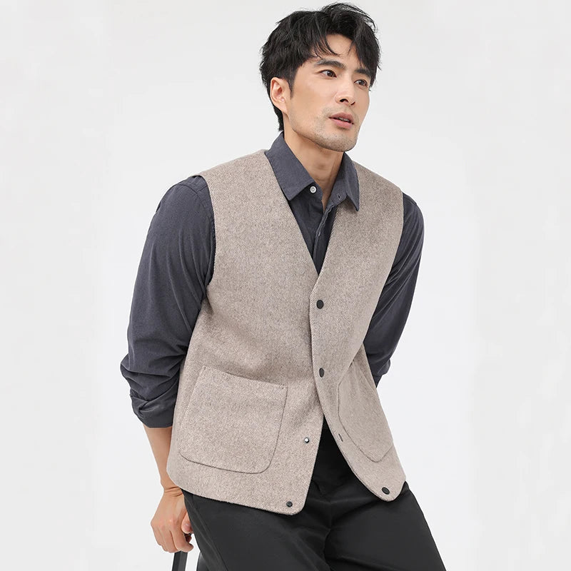 52.3% Sheep Wool Waistcoat Men Trendy Classic V-Neck Single Breasted Vest