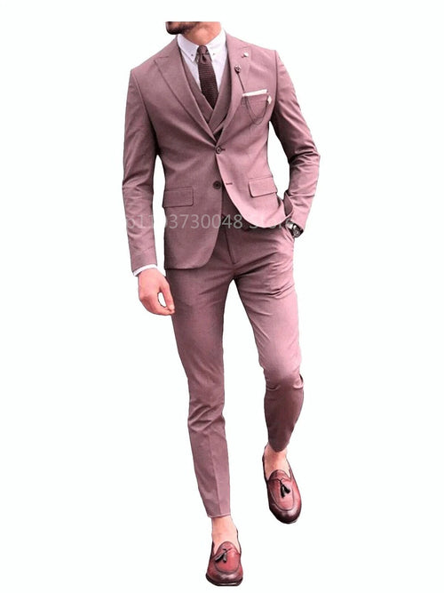 Men's Pink 3 Pieces Suits Slim Fit Formal Men (Jacket + Vest + Trousers)