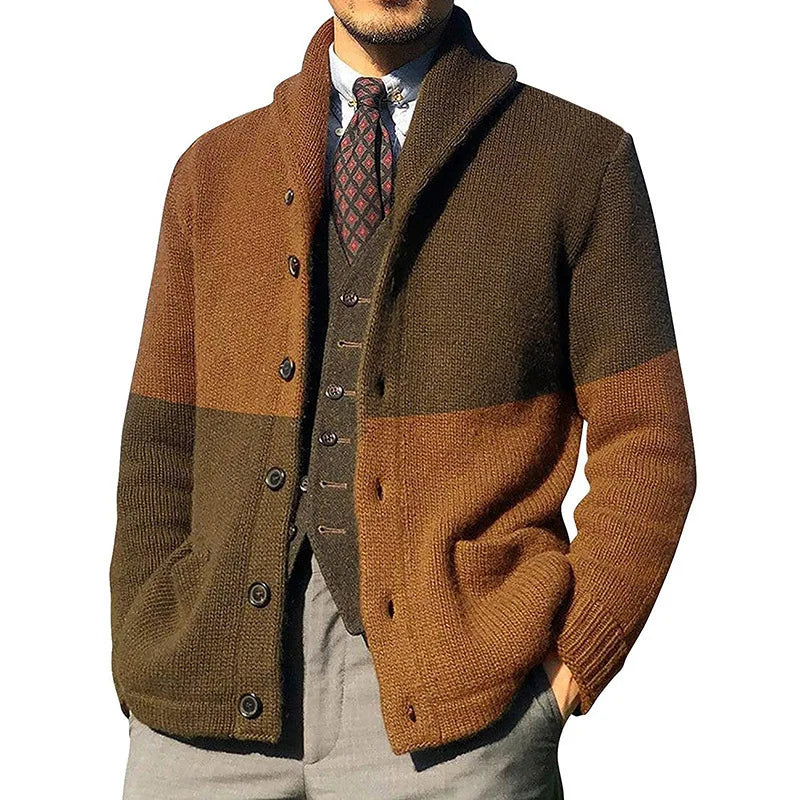 Men's Color Block Knit Cardigan, Button Front Open Sweater, Loose Fit Casual No Hood