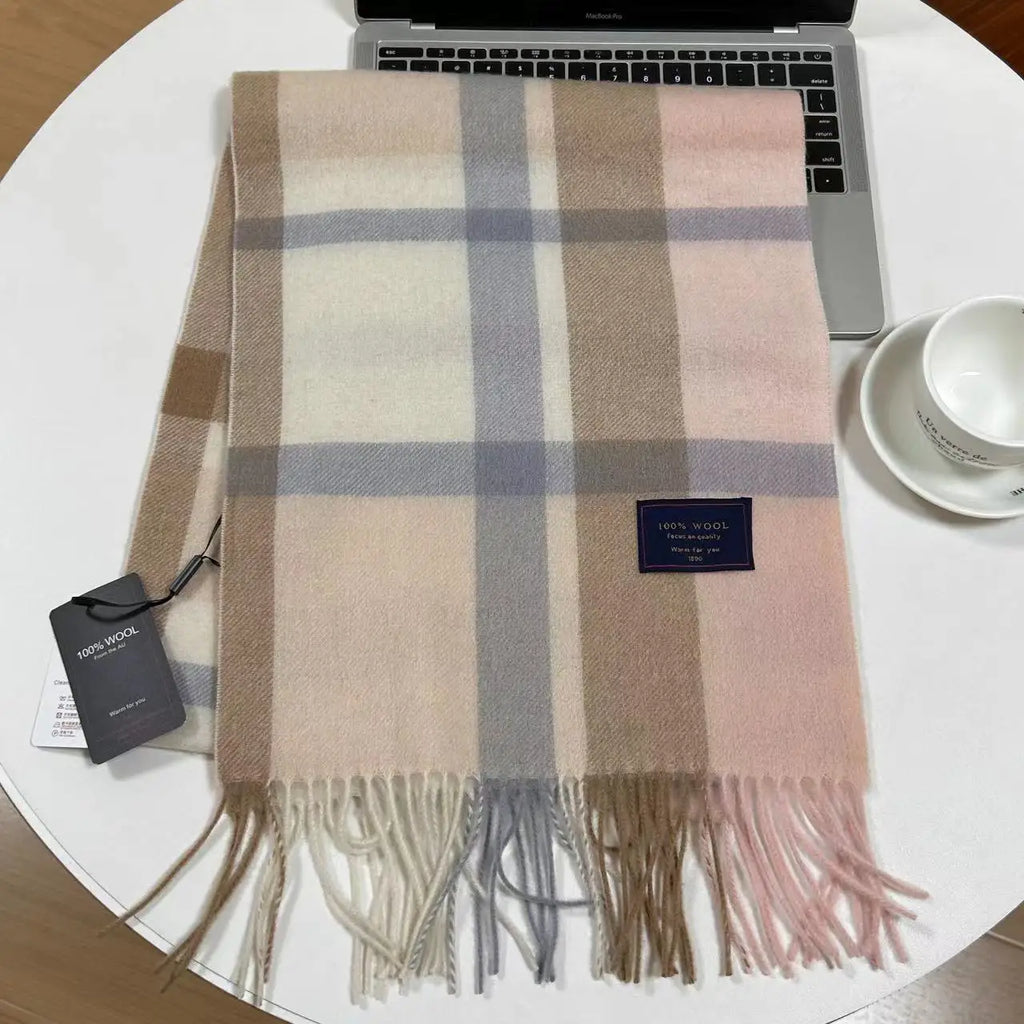 Men 100% Wool Plaid Muffler Cashmere Windproof Stripe Tassel Shaw Thick Scarf