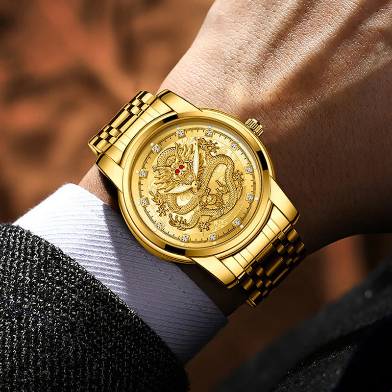 Men's Golden Luxury Watch Waterproof Stainless Steel Dragon Clock