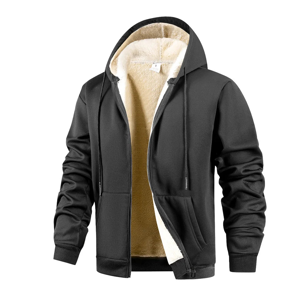Men's Thickened Fleece Lining Warm Jackets Cardigan  Zip Up Hooded Jackets