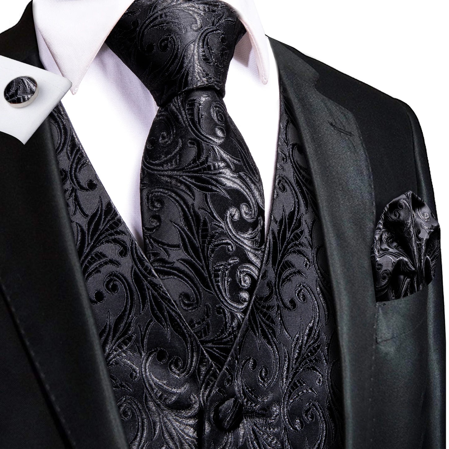 Men Silk Paisley Jacquard Necktie Handkerchief Cufflinks Sets V-Neck Waistcoat