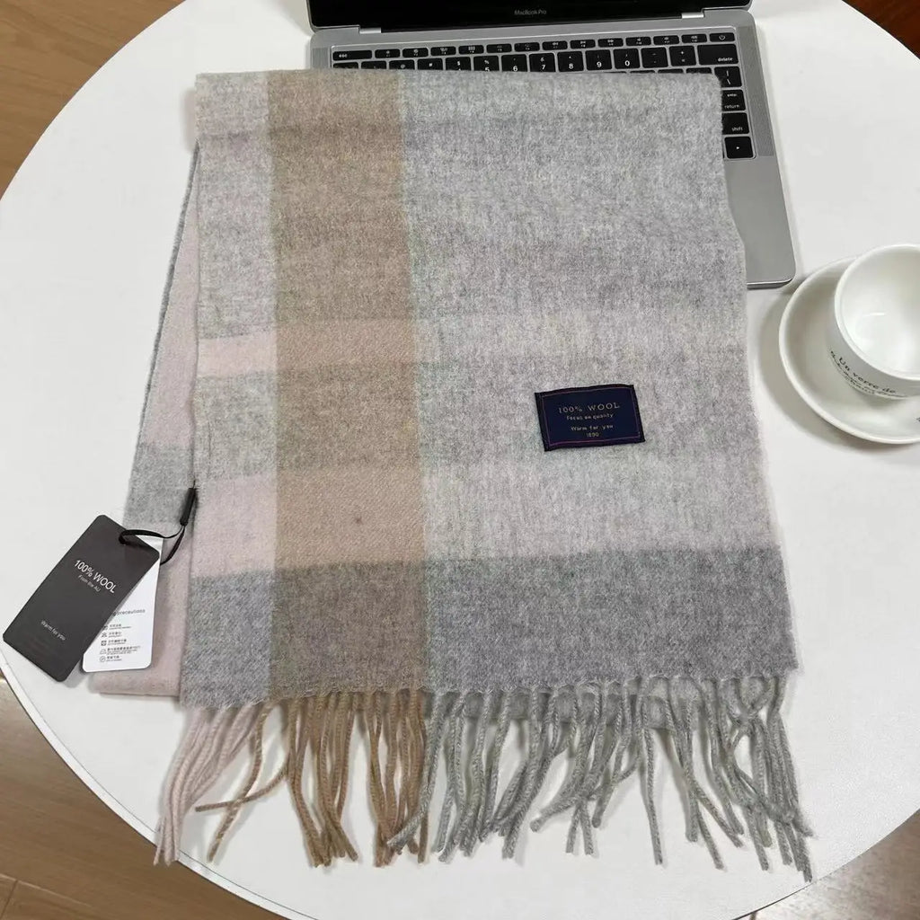 Men 100% Wool Plaid Muffler Cashmere Windproof Stripe Tassel Shaw Thick Scarf