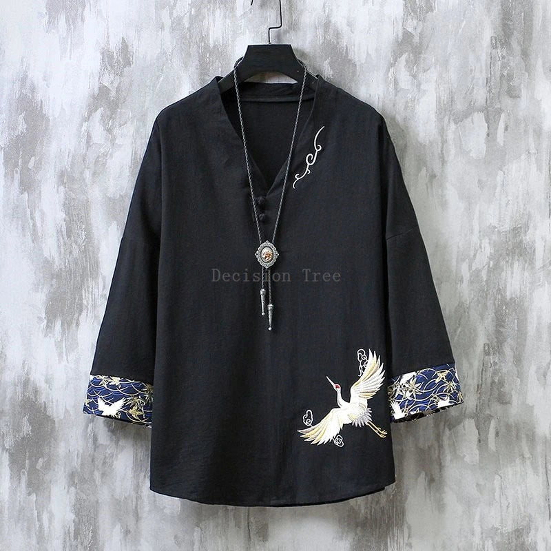 Chinese style short sleeved shirt men loose wushu retro elegant embroidery cotton linen top
