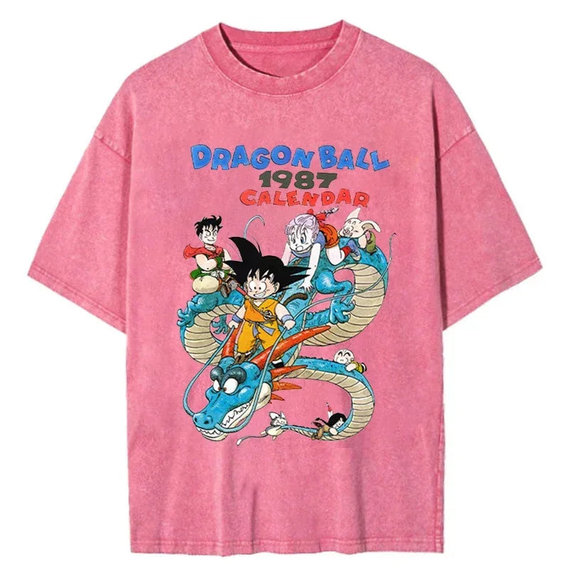 Men Oversized Vintage T Shirt Dragon Ball Washed Cotton Pink Top