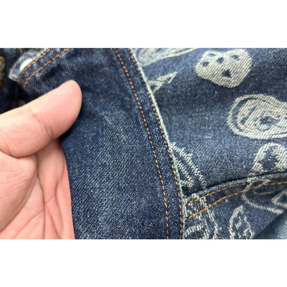 Men's retro American jacquard wash long-sleeved denim cargo loose casual shirt