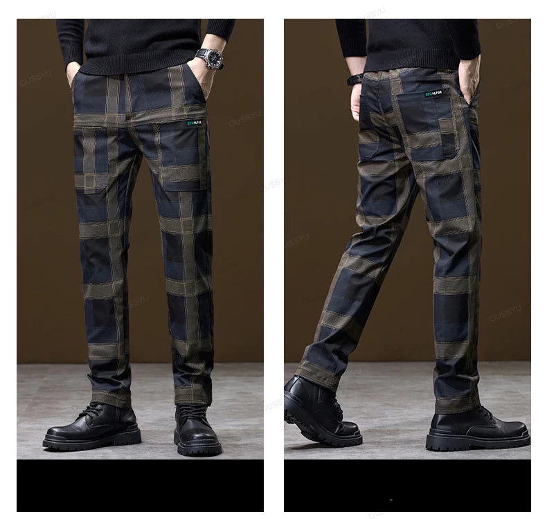 Luxury Plaid Casual Men Elastic Waist Slim Fit Korean Long Trousers