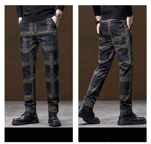Luxury Plaid Casual Men Elastic Waist Slim Fit Korean Long Trousers
