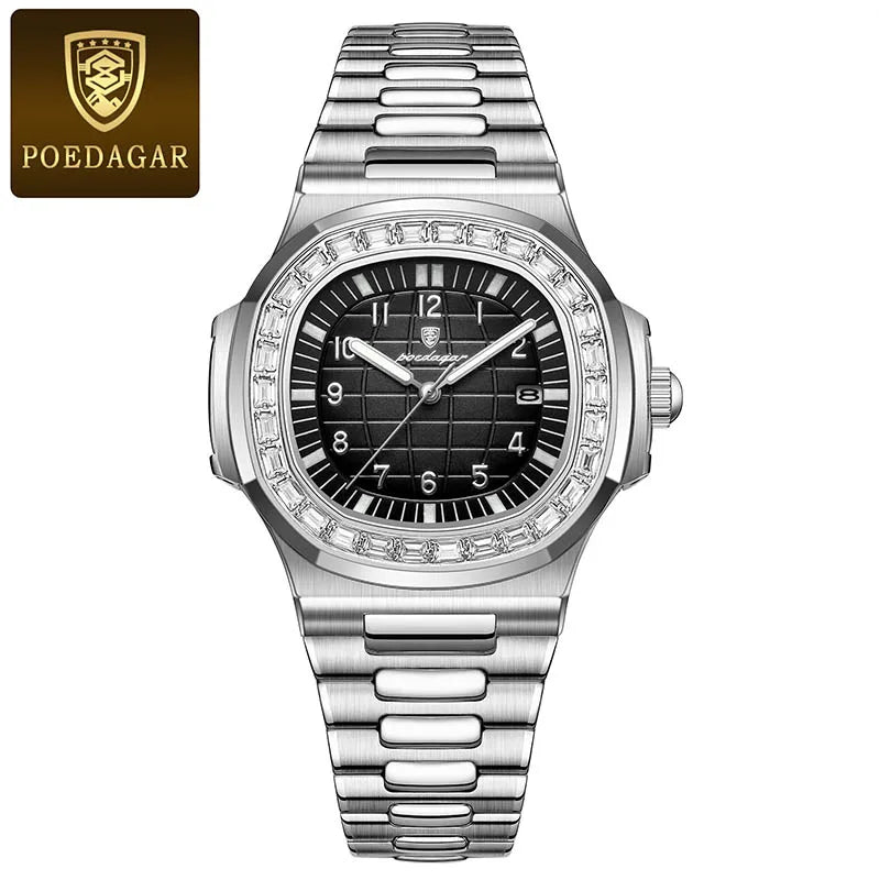 Stainless Steel Men Luxury Luminous Waterproof Square Calendar Quartz Wristwatches