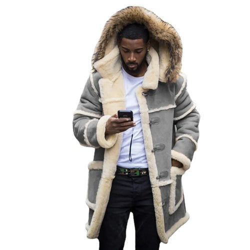 Men Loose Long Cotton-padded Jacket Integrated Lamb Wool Hooded Coats
