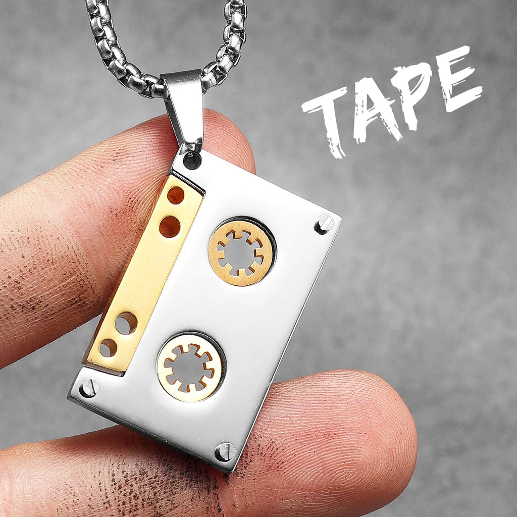 Music Tape Stainless Steel Jewelry Men Simple Necklace With Pendant