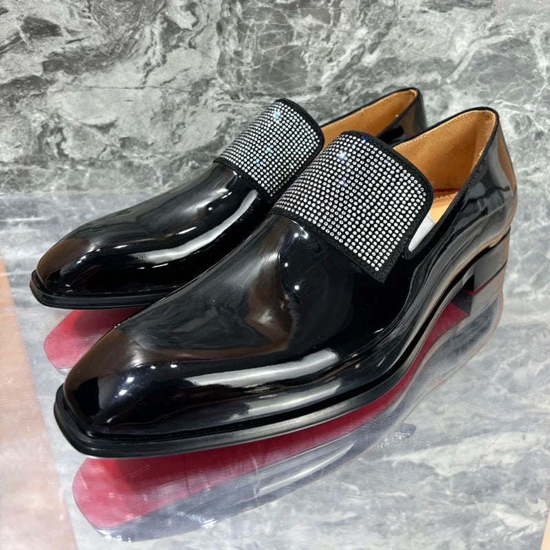 Men's Black Patent Leather Luxury Rhinestone Loafers Handmade Dress Shoes