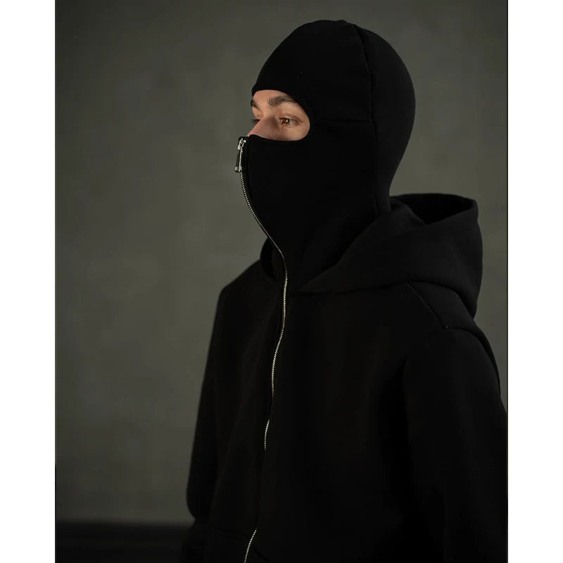 Men's Double Hat Mask Zipper Jacket Windproof Hoodie Outdoor Sweatshirt ﻿