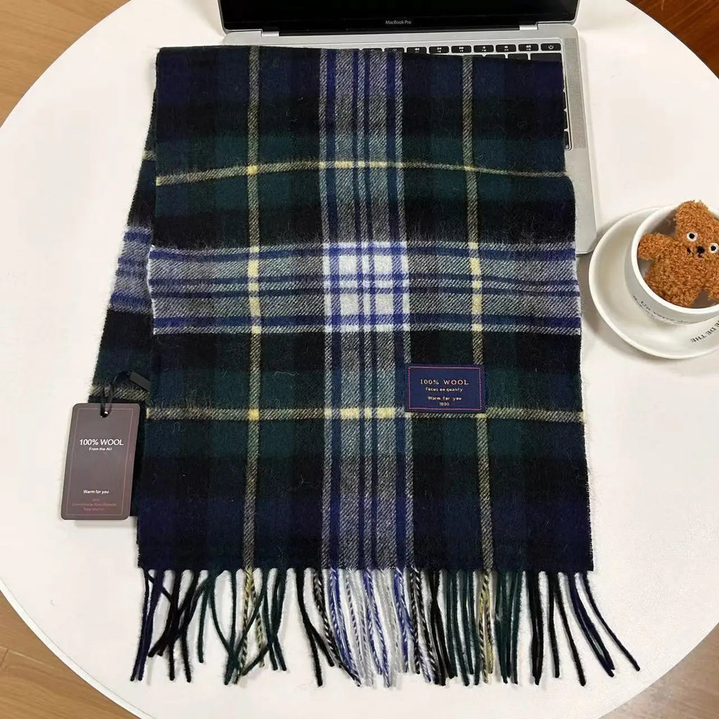 Men 100% Wool Plaid Muffler Cashmere Windproof Stripe Tassel Shaw Thick Scarf