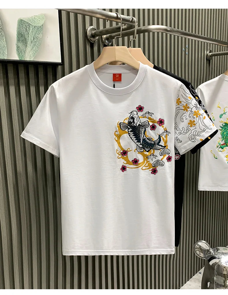 Trendy brand European-style Chinese koi short-sleeve T-shirt men's top