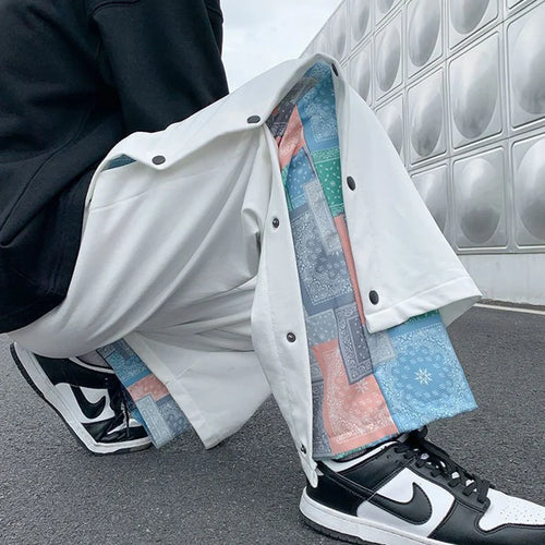 Street Style Fake Two Pieces Buttons Men Wide Leg All-match Sweatpants