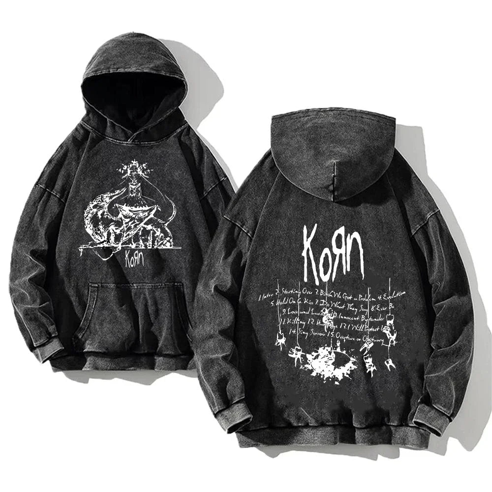 Korn World Tour Hoodies Vintage Washed Men's Sweatshirts Cotton Streetwear Hooded Pullover