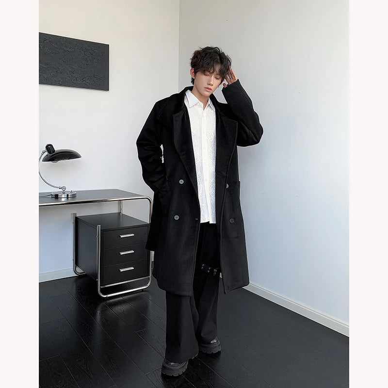Men's Double-Breasted Wool Blend with Belt Loose Fit Solid Color Stand Collar Trench Coat