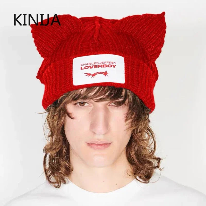 Winter Skullies Hat Unisex Cat Ear Warm Crochet Knitted Beanie