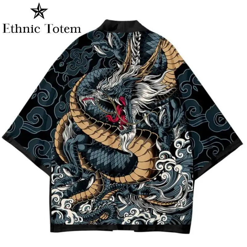 Men Demon Dragon Pattern Printed Kimono Cardigan Japanese Traditional Cloak