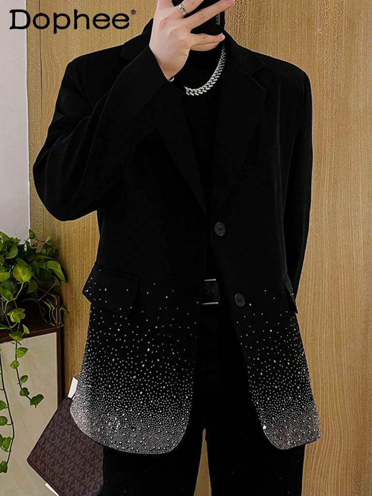 Full Diamonds High-end Men's Black Loose Blazers Trendy Male Suit Jacket