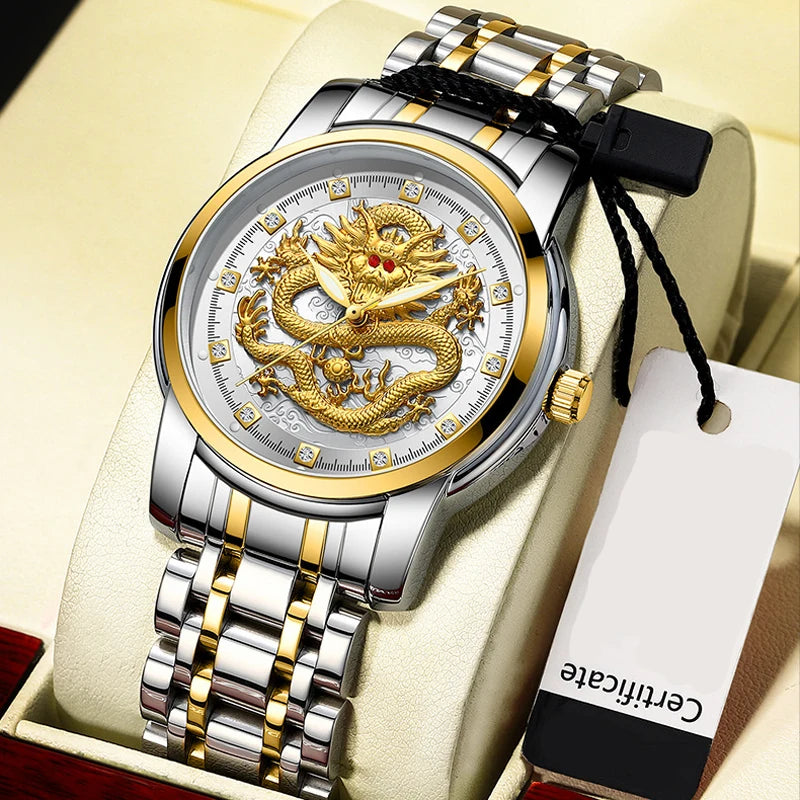 Men's Golden Luxury Watch Waterproof Stainless Steel Dragon Clock