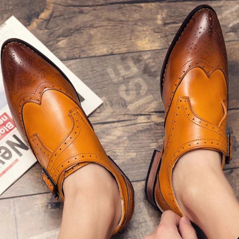Pointed Toe Leather Brogue Shoes for Men Flat Casual Classic