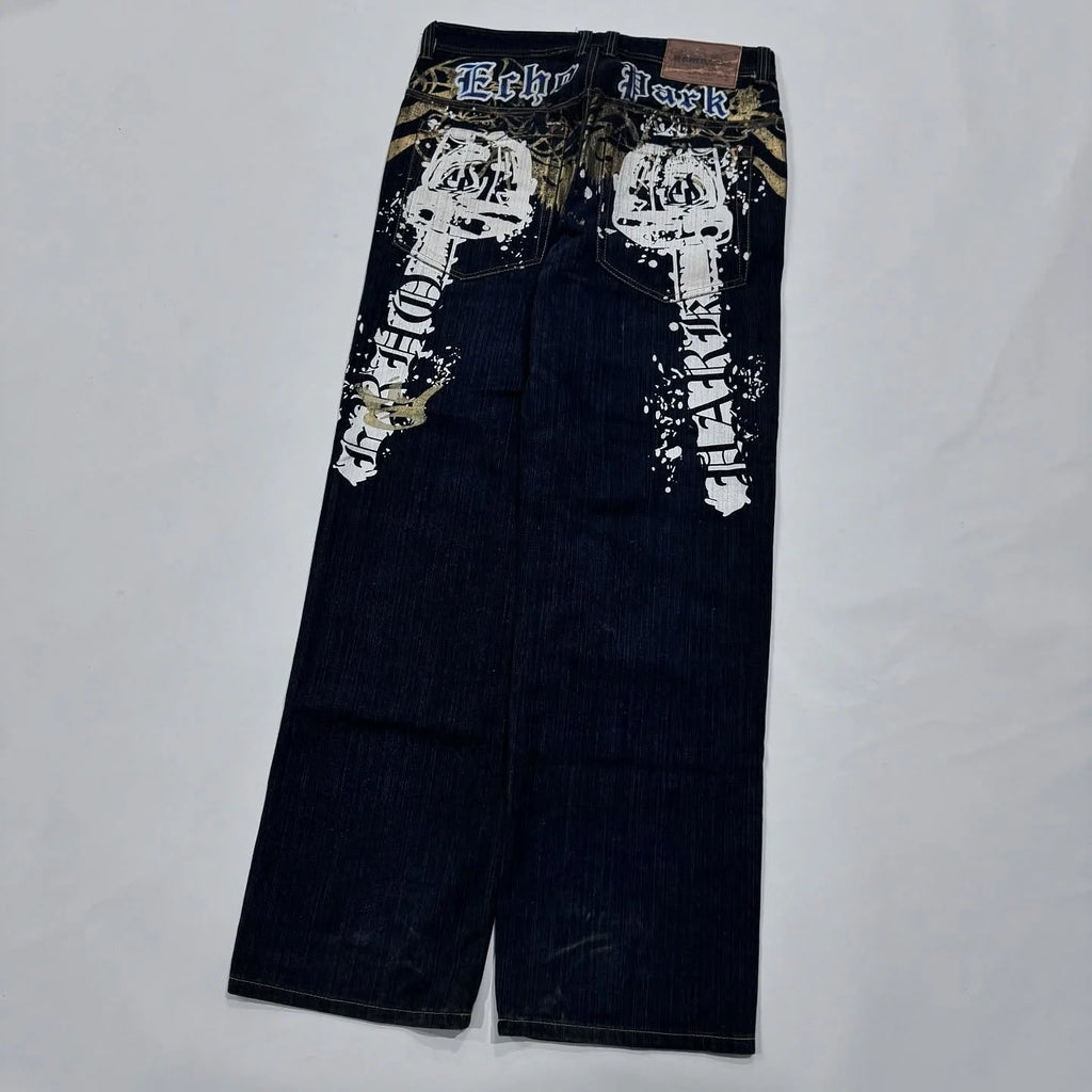 Dragon Print Men's Baggy Fit Jeans High Street  Casual Trendy Streetwear