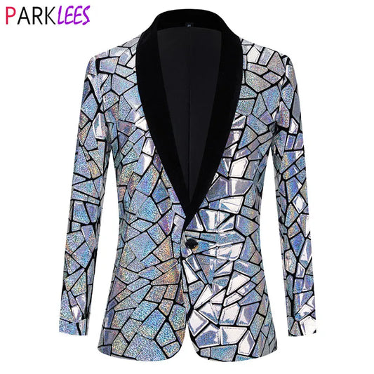 Luxury Laser Sequin Jacket Men One Button Shawl Lapel Dress Blazer