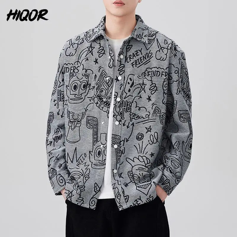 Men's Baggy Jacquard American Versatile Turn-down Collar Long Sleeve Trendy Coat