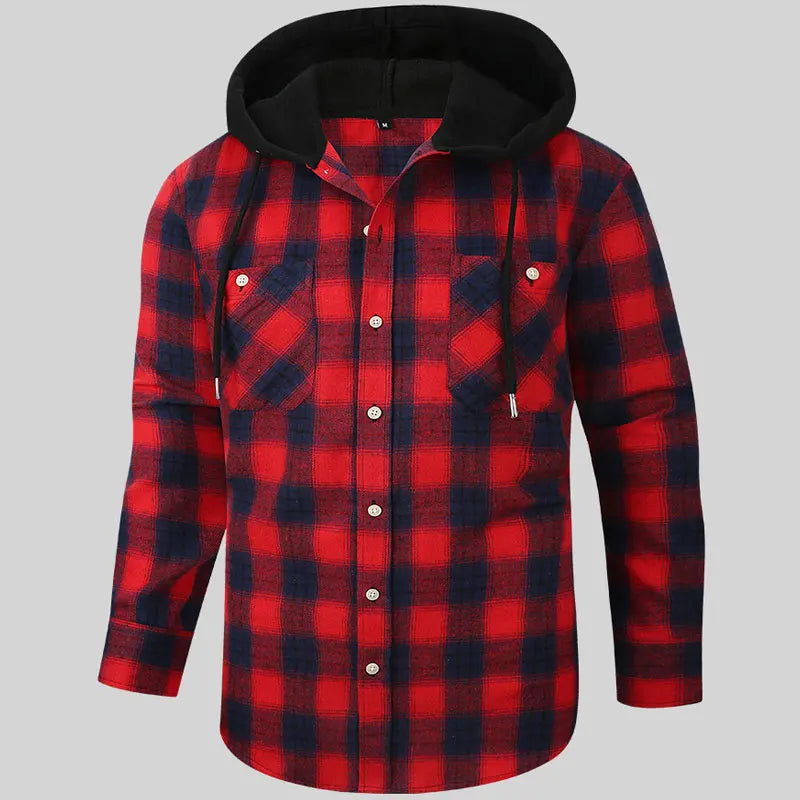 American size men's shirt long hooded plaid coat ground flannel