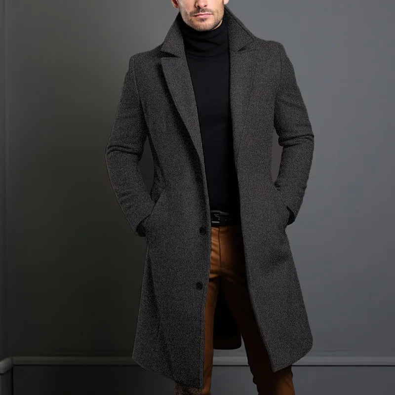 Men Elegant Woolen Jacket with Lapel Pockets Slim Solid Color Collar Trench Coat