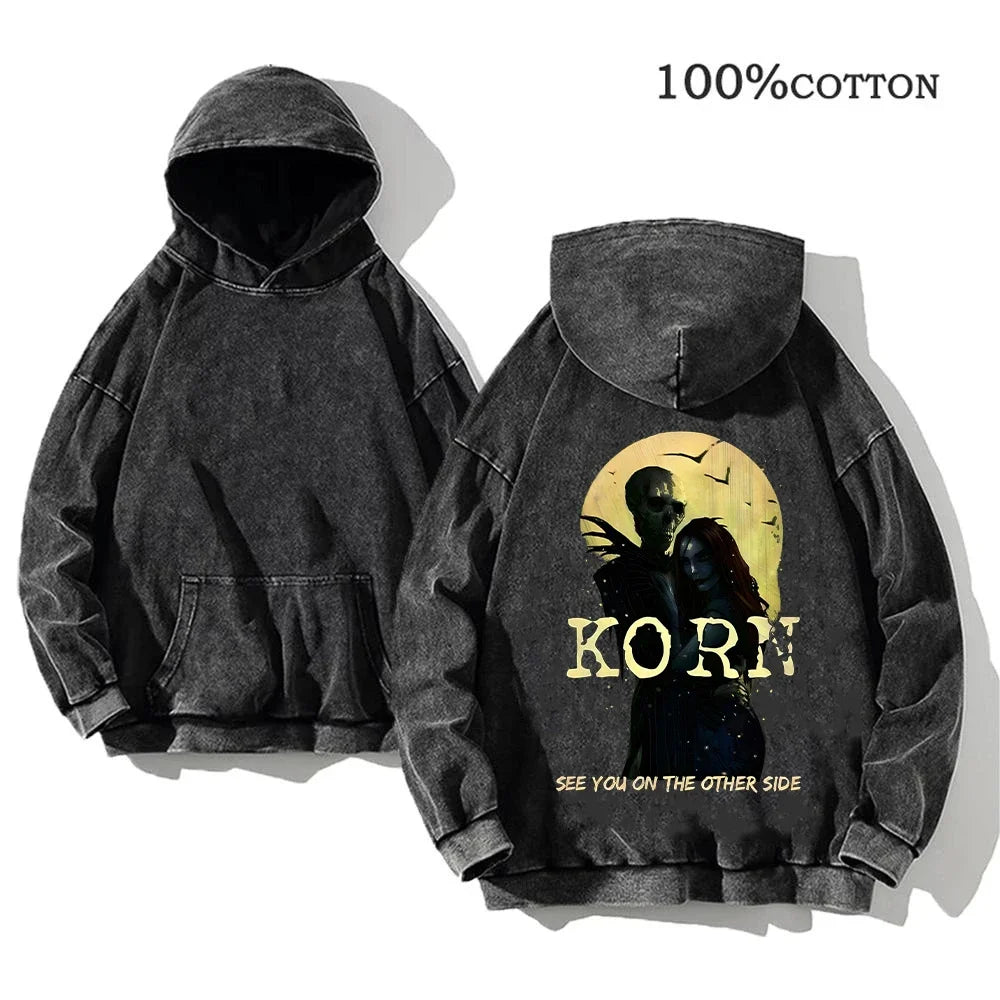 Korn World Tour Hoodies Vintage Washed Men's Sweatshirts Cotton Streetwear Hooded Pullover