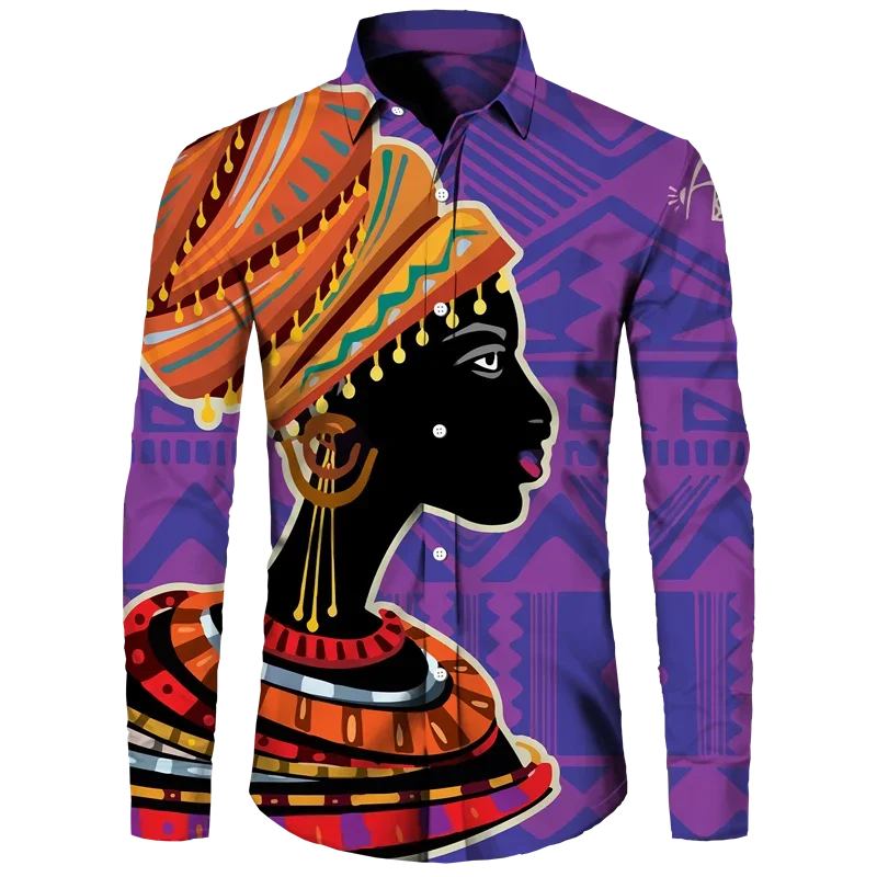 African Girl 3D Print Long Sleeve Button Shirts For Men Dashiki vintage Tops