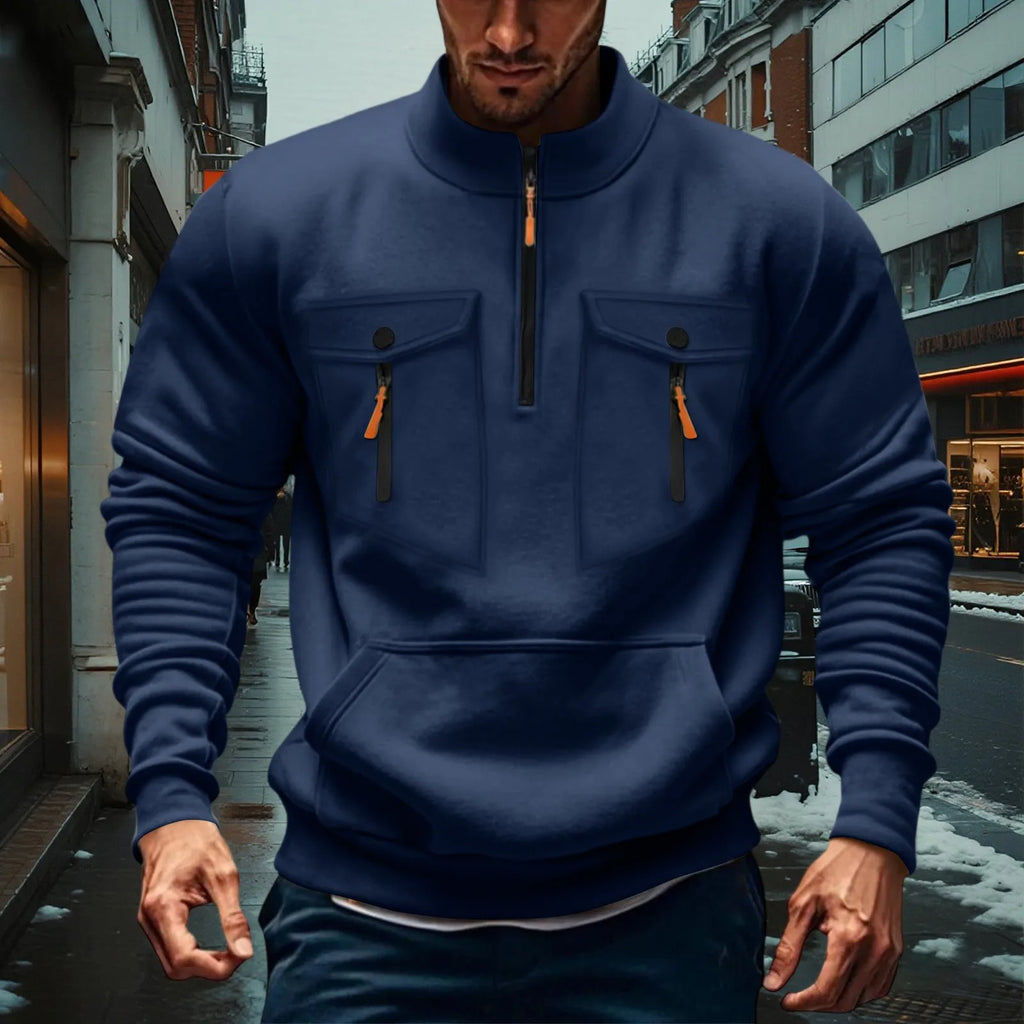 Quarter Zipper Men Stand Up Collar Sweatshirt cargo Long Sleeve Sweatshirt