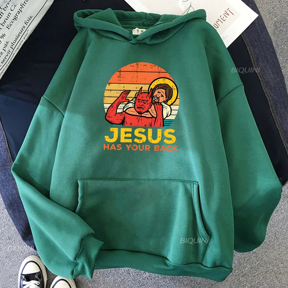 Jesus Has Your Back Jiu Jitsu Retro Christian Hoodie Men Long Sleeve Sweatshirts