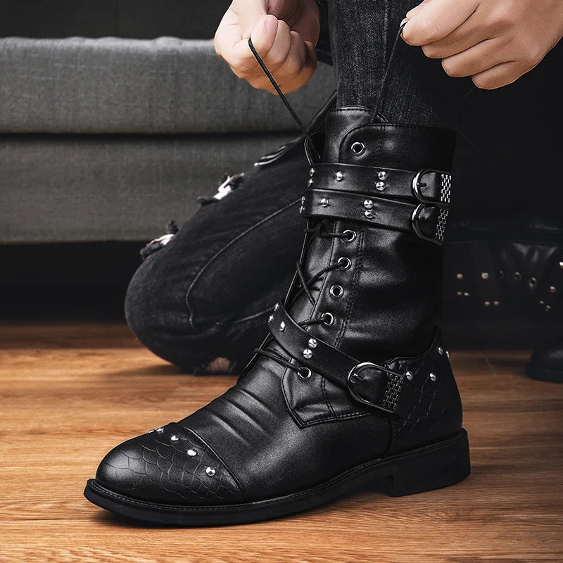 Men Leather Mid-calf Warm Black Gothic Belt Rivet Boots