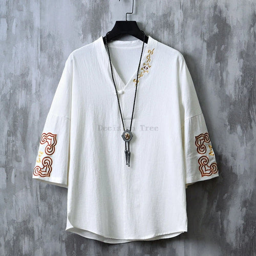 Chinese style short sleeved shirt men loose wushu retro elegant embroidery cotton linen top