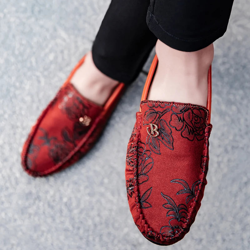 Rose Print Loafers Flats High Quality Suede Casual Shoes For Man