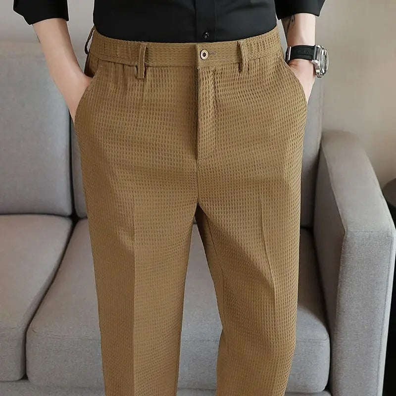 Trousers For Men Social Tailoring Slim Fit Waffle Tressed Man Suit Pants