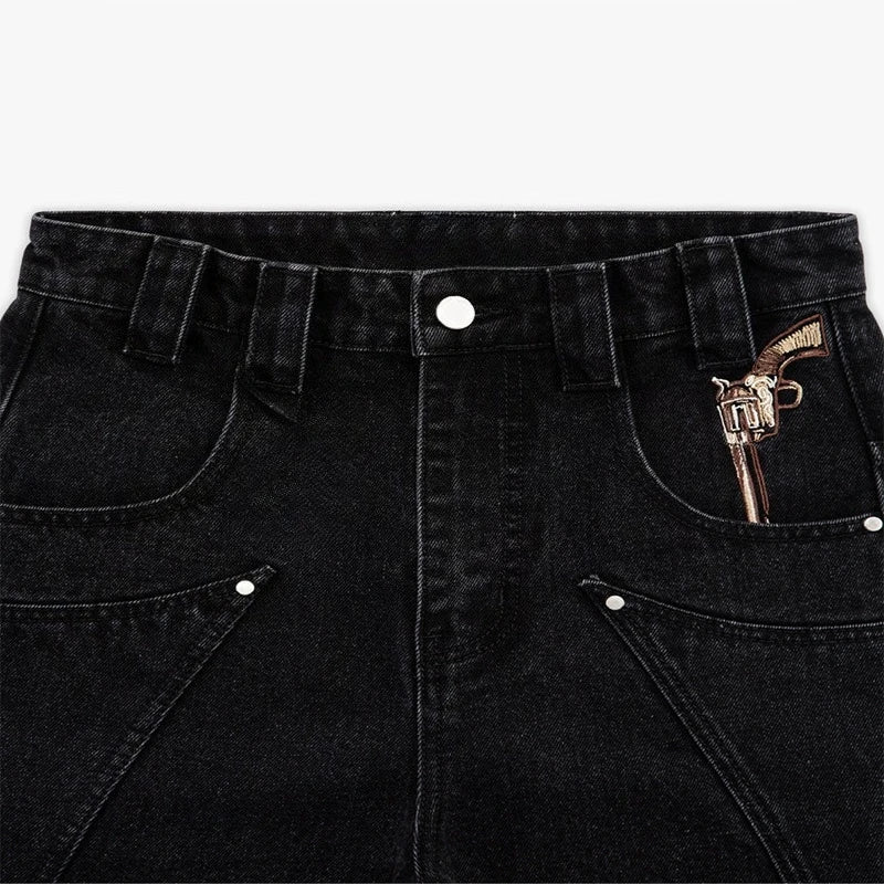 Western Pistol Pendant Pocket Embroidery High Quality Loose Wide Leg Jeans Trend Men's Streetwear