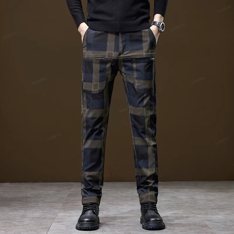 Luxury Plaid Casual Men Elastic Waist Slim Fit Korean Long Trousers