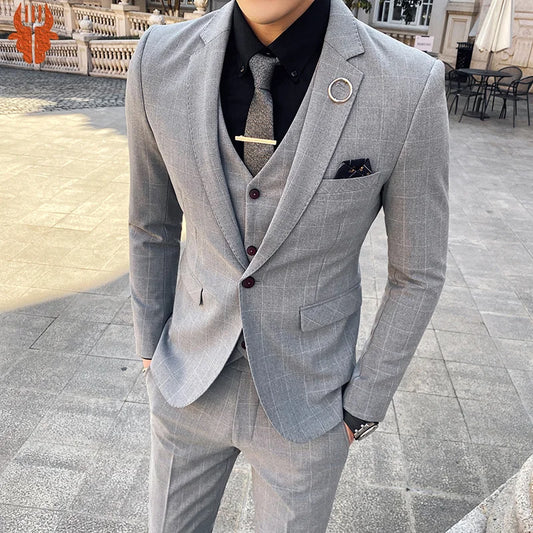 (Jackets+Vest+Pants) Men's plaid slim fit pure cotton three-piece suit/groom dress S-3XL