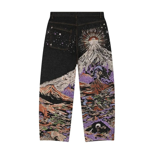 Creative Volcano Starry Sky Pattern Embroidery Design Straight Leg Jeans Men Streetwear