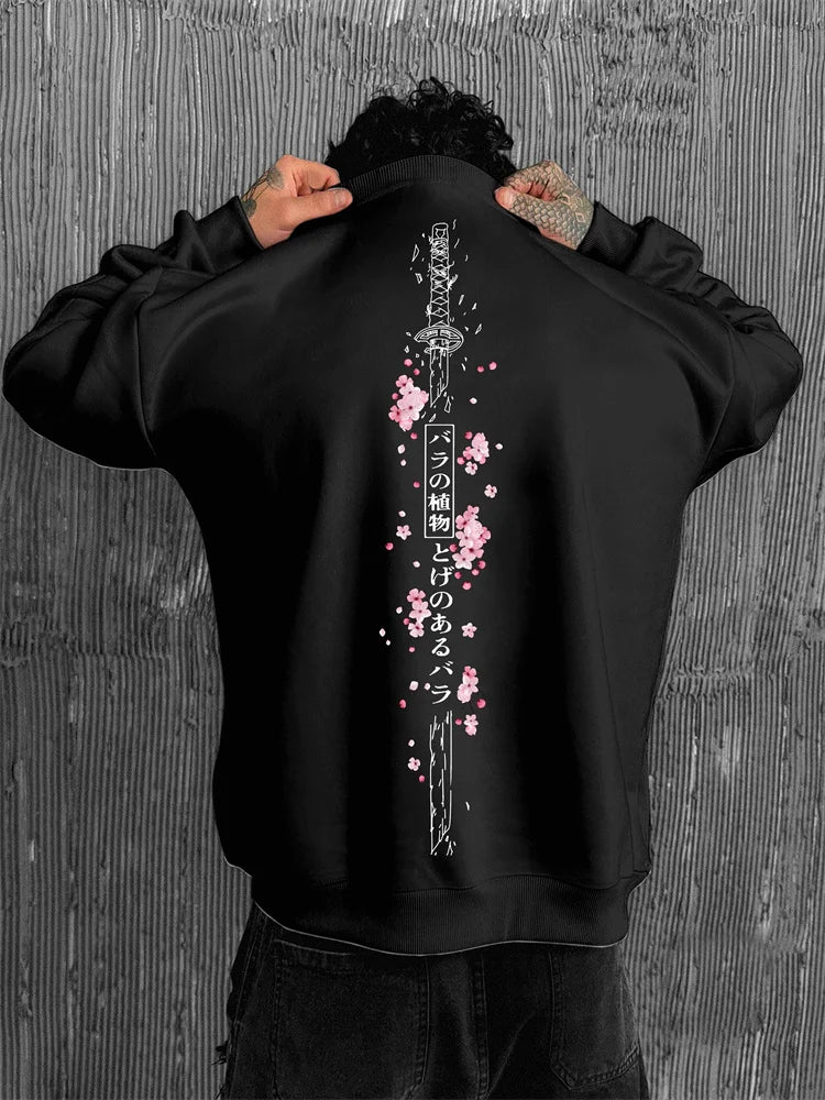 Men's Cherry Blossom and Chinese-character Printed Loose Sweatshirt Outdoor Round Neck Pullover