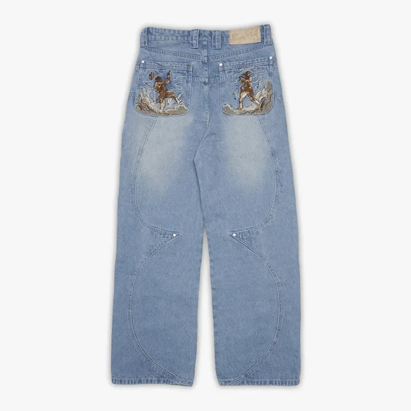 Western Pistol Pendant Pocket Embroidery High Quality Loose Wide Leg Jeans Trend Men's Streetwear